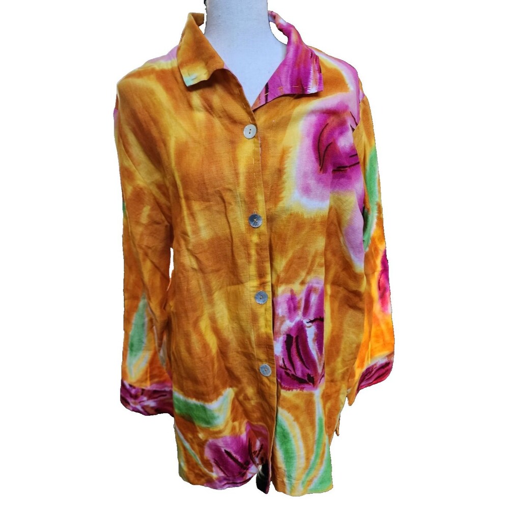 David Dart Vintage Linen Floral Blouse MOP Buttons Size Large